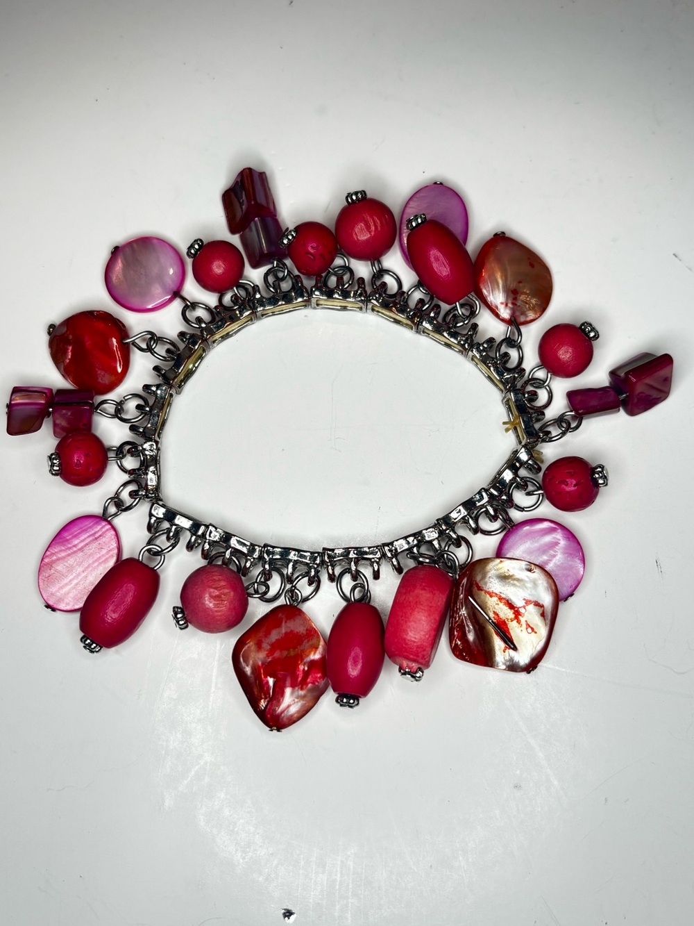 Pink Shell‎ Agate Wood Charm Dangle Stretch Bracelet Boho Statement